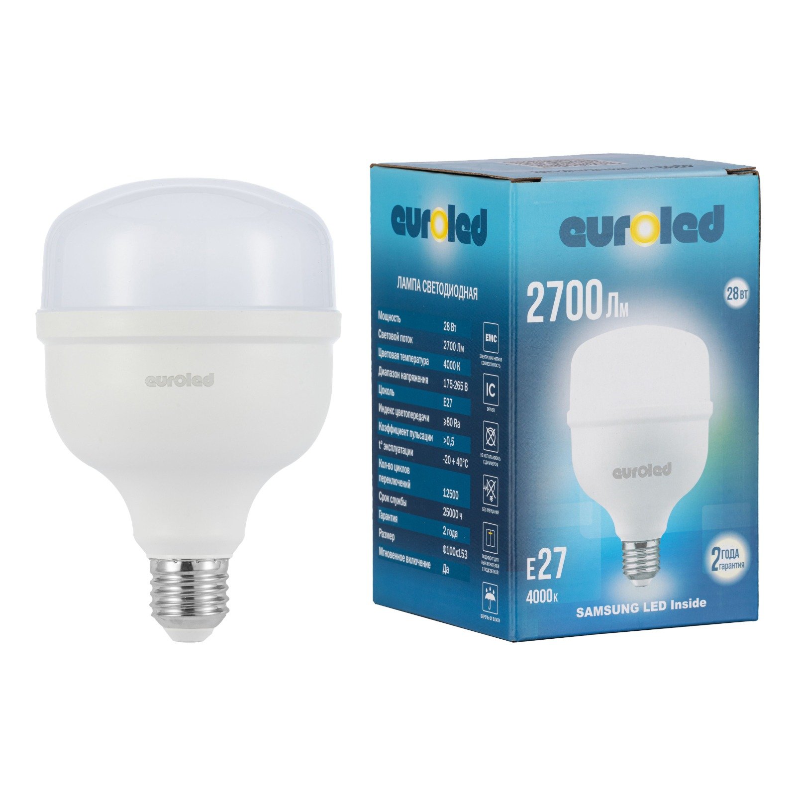Лампа LED EUROLED T100 28W E27 4000K матовая