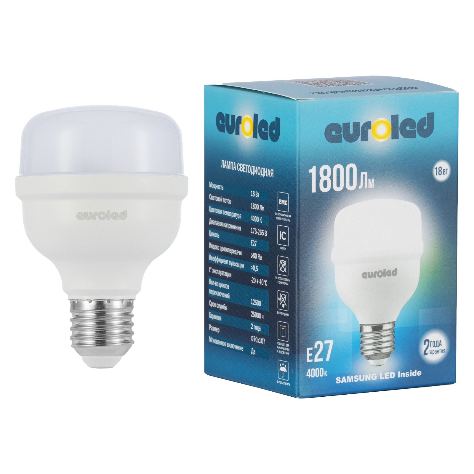 Лампа LED EUROLED T70 18W E27 4000K матовая